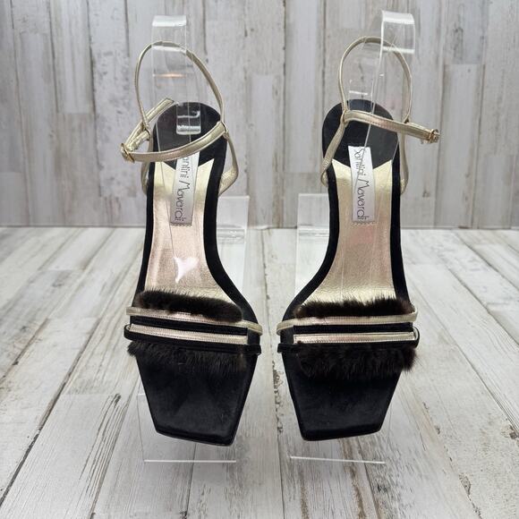 Santini Mavardi Black Suede Real Fur Trim Unique Gold Heels Designer Sz 40 US 9 - Picture 2 of 13